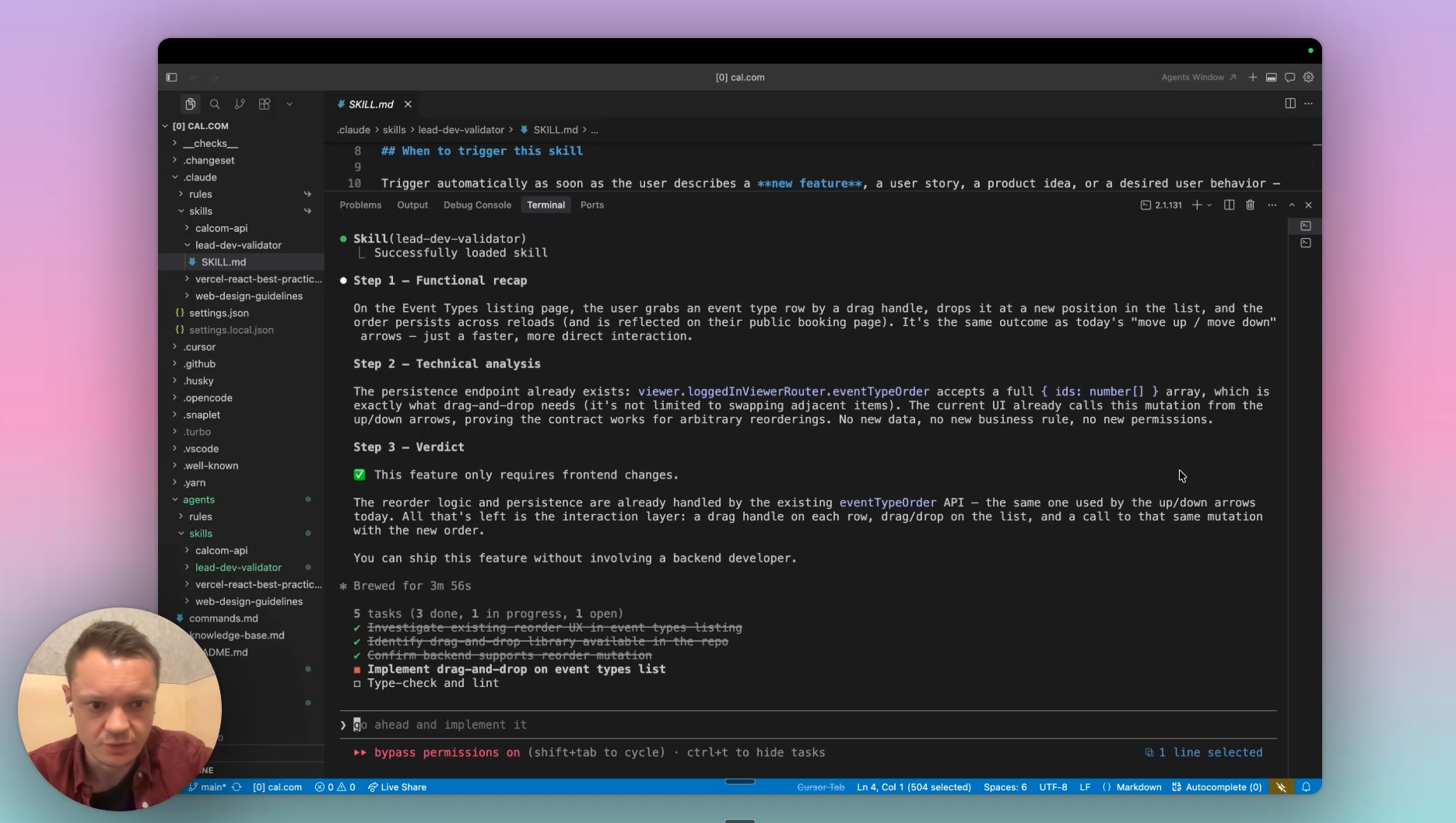 The Handoff Protocol decision flow — lead-dev-validator classifying frontend-only PRs vs. backend-impacting engineering handoffs