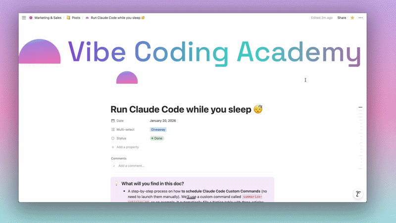 Demo: Claude Code automatically filling a Notion database with summarized articles while you sleep