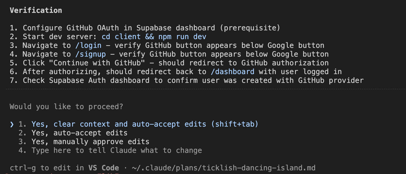 Claude Code Plan Mode - Verification steps and options to proceed